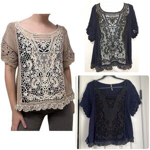 Oversized Free People Crochet Short Sleeve Blouse Shirt Top Ruffle Black Blue XS